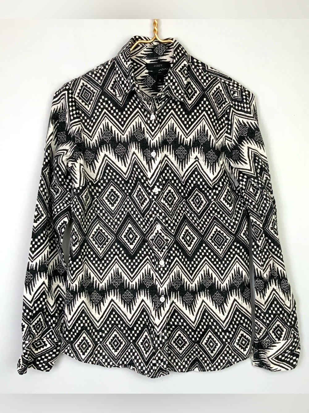 J. Crew Sz 0 Linen Southwest Diamond Ikat Tribal Aztec Boy Fit Button Down Shirt